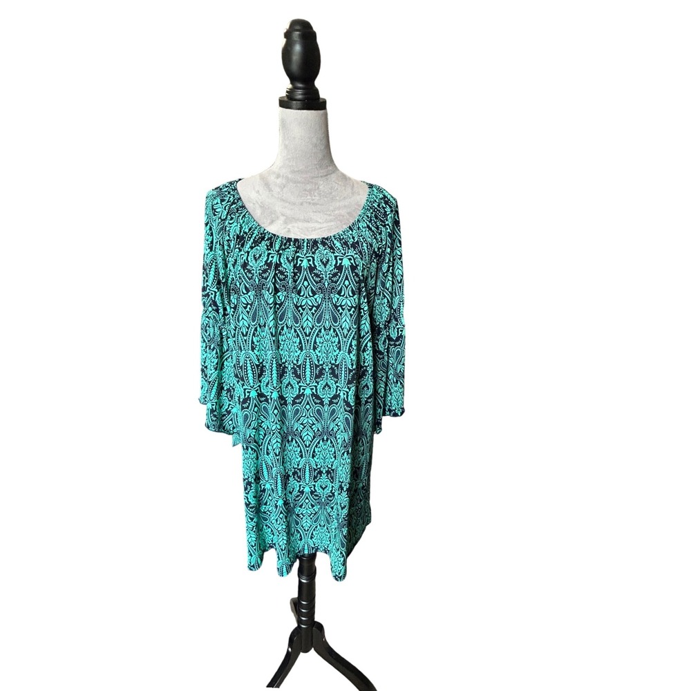 NAIF Paisley Print Dress Teal Green 3/4 Sleeve Scoop Neck Casual Womens Medium‎